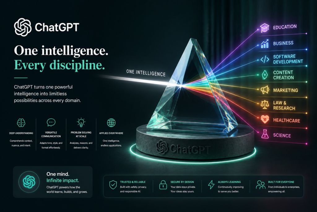 Infographic of ChatGPT as a central AI intelligence represented by a glass prism dispersing light across various fields including education, software development, marketing, healthcare, and research.