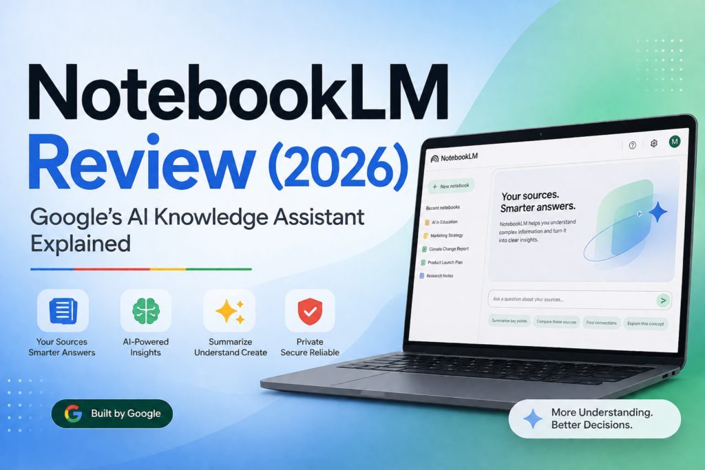 NotebookLM Review (2026): Google's AI knowledge assistant displayed on a laptop with AI research and document analysis features.