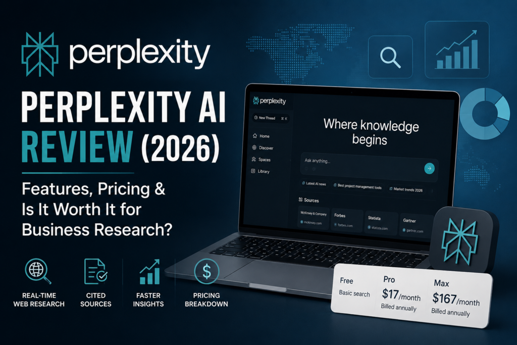 Team compiling a cited competitor research brief using an AI search engine for business research