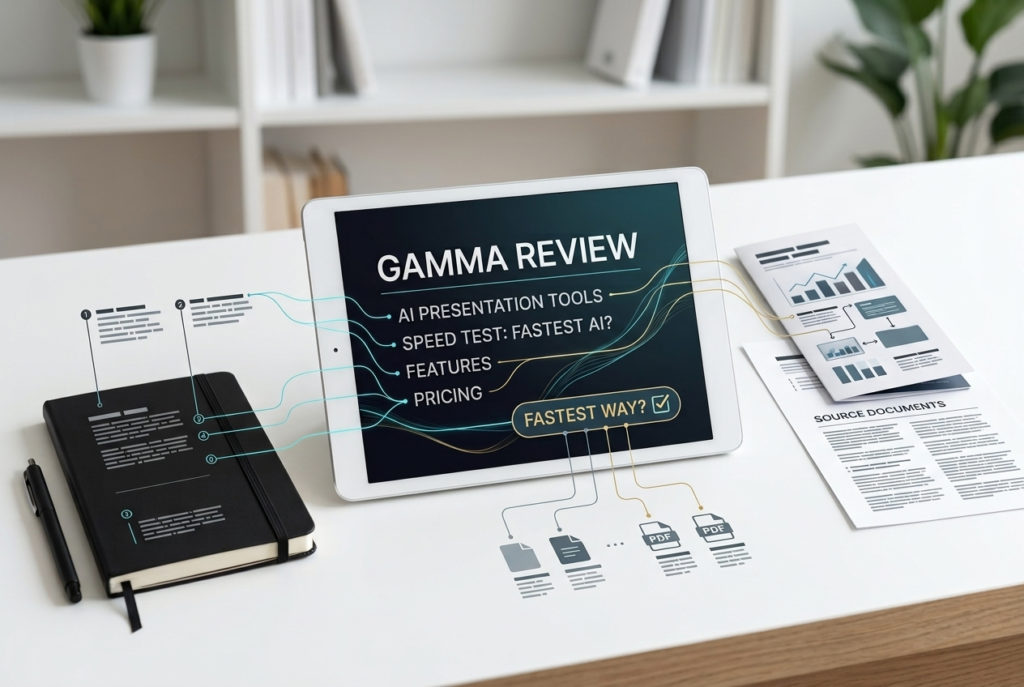 Small business owner comparing a web-first Gamma-style AI presentation with a PowerPoint-style slide deck to choose the best delivery format.