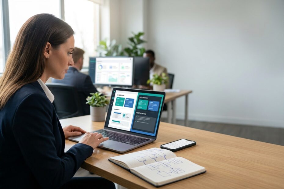 Small business owner comparing AI productivity tools on a laptop while mapping a simple workflow for automation and time savings.