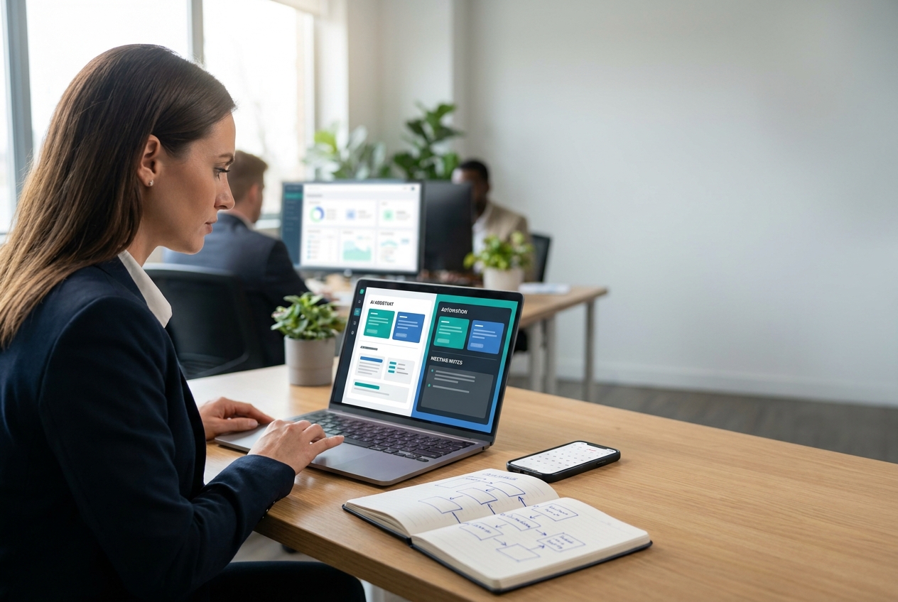 Small business owner comparing AI productivity tools on a laptop while mapping a simple workflow for automation and time savings.