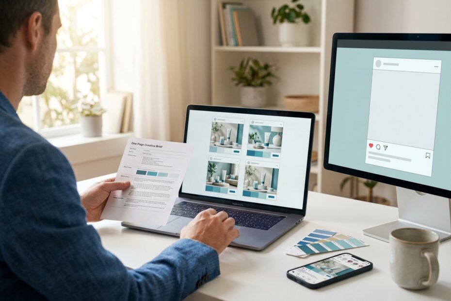 Marketing manager comparing AI image generator outputs to choose the best tool for social media and ad creatives
