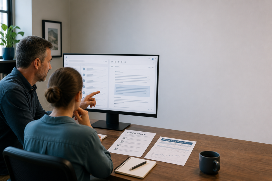 Small business team reviewing an AI-summarized email thread and drafted reply inside Google Workspace, illustrating a Google Gemini review for business use.
