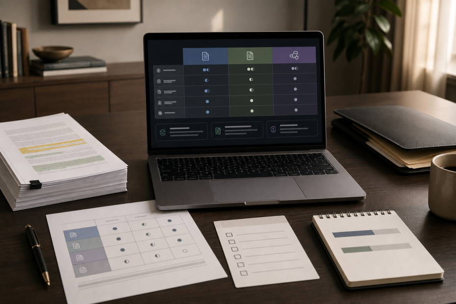 Business owner comparing ChatGPT vs Claude vs Gemini on a decision board to choose the best AI assistant for their workflow