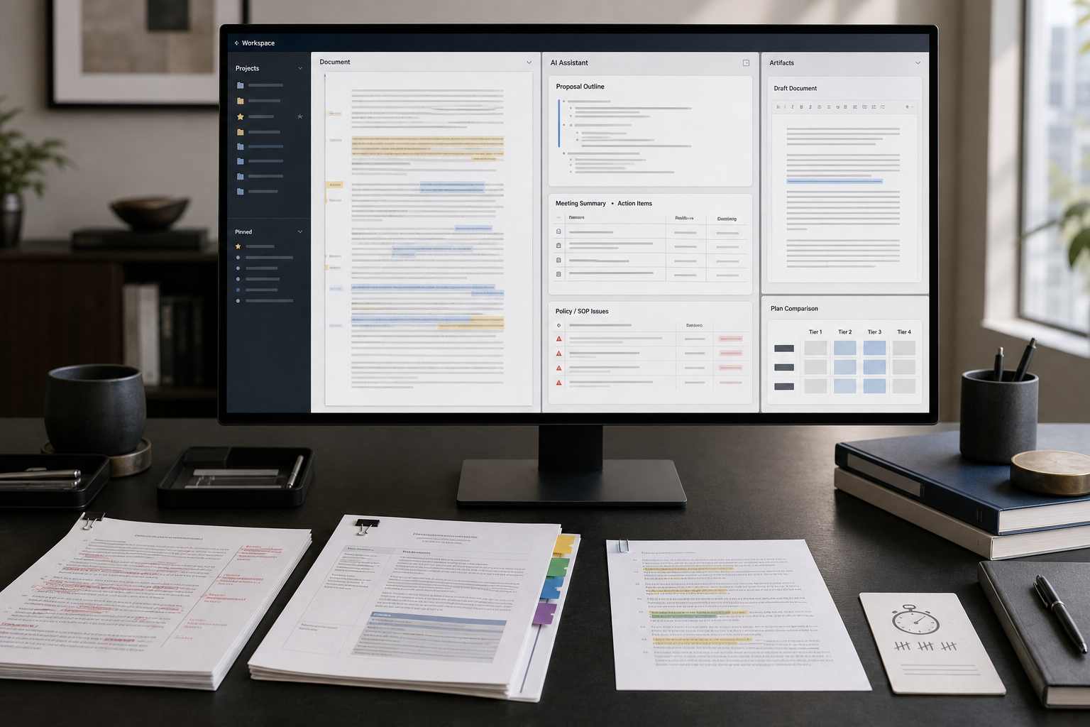 Small business owner comparing Claude, ChatGPT, and Gemini while using an AI assistant to summarize a long client brief into a proposal outline.