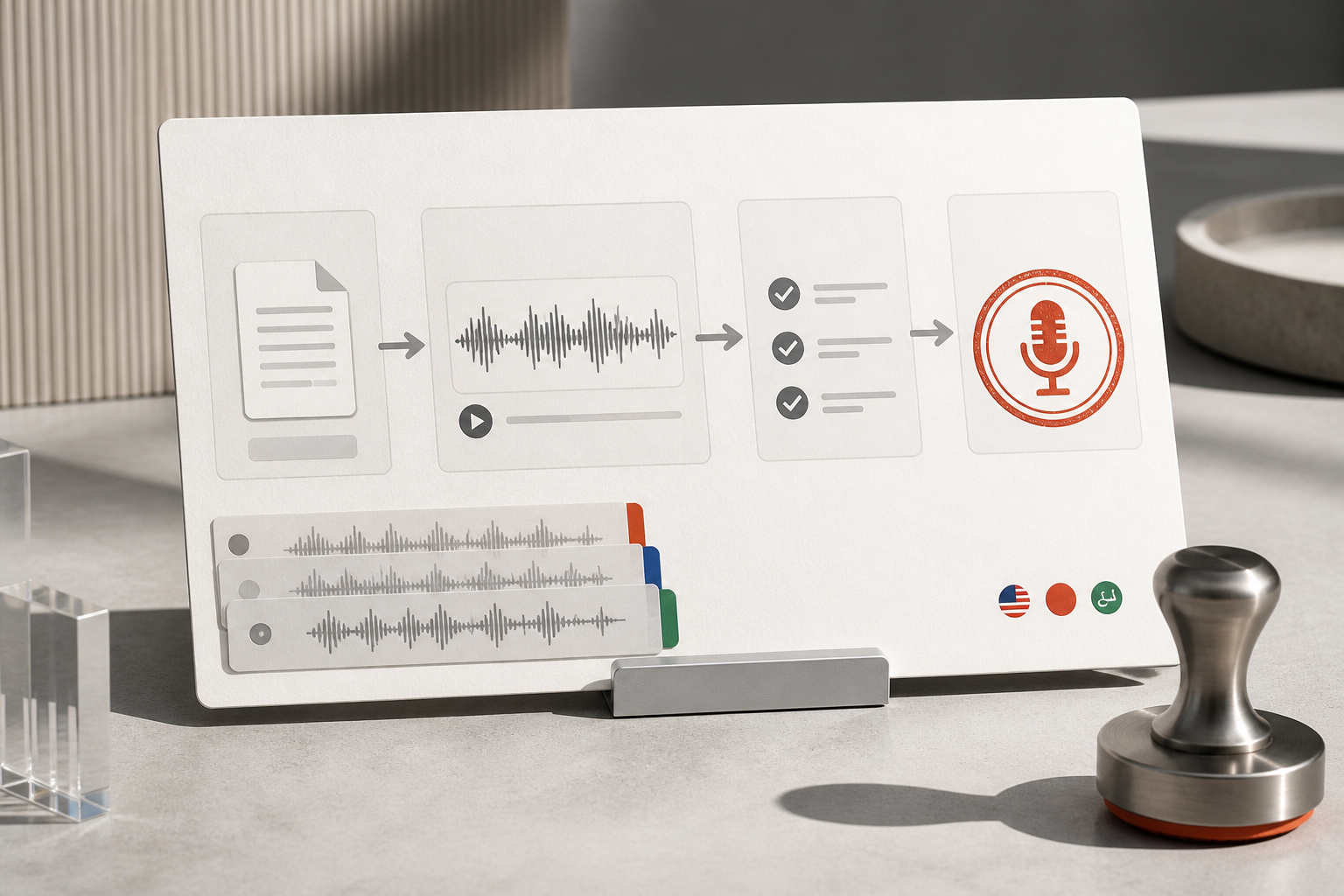 Business team comparing AI voice narration takes in ElevenLabs-style workflow using scripts and audio waveform review