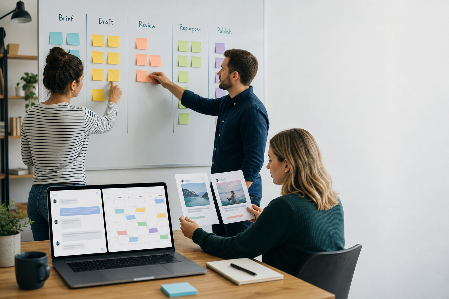Marketing team using AI content creation tools within a structured brief-to-publish workflow