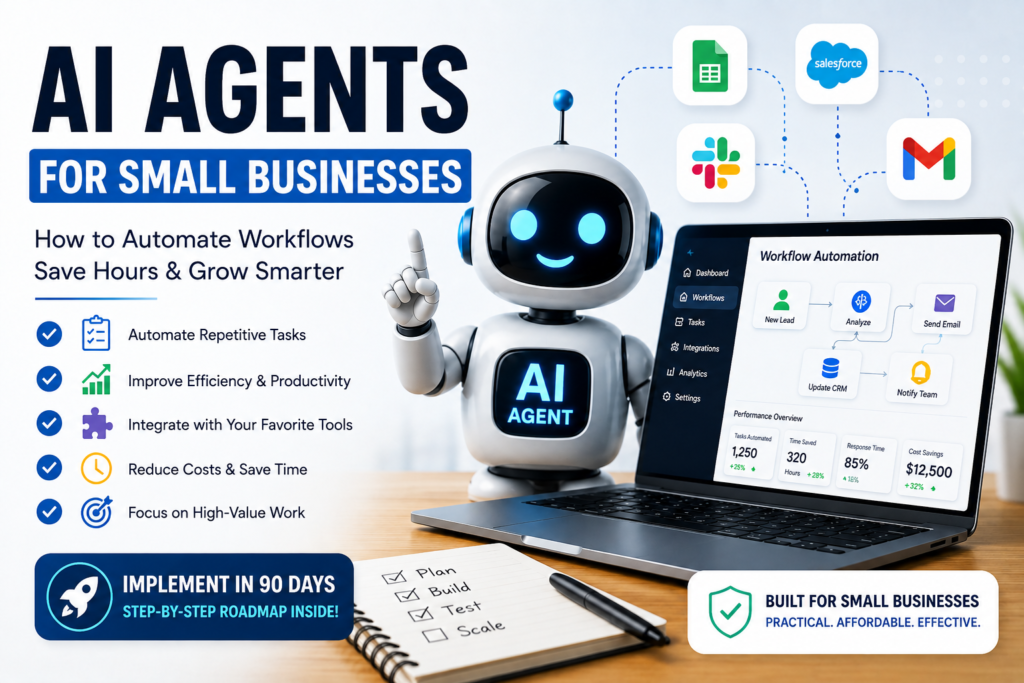 AI agent helping automate small business workflows on a laptop dashboard with connected business apps, illustrating workflow automation, productivity, and AI-powered business operations.