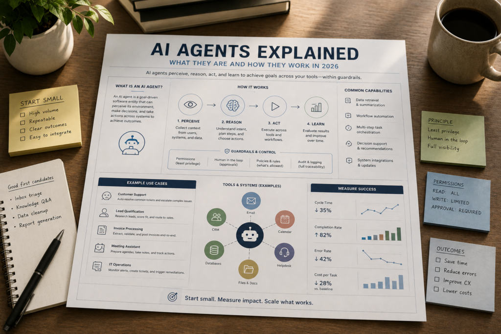 Small business team reviewing an AI agent workflow board for support ticket triage with a human approval step.
