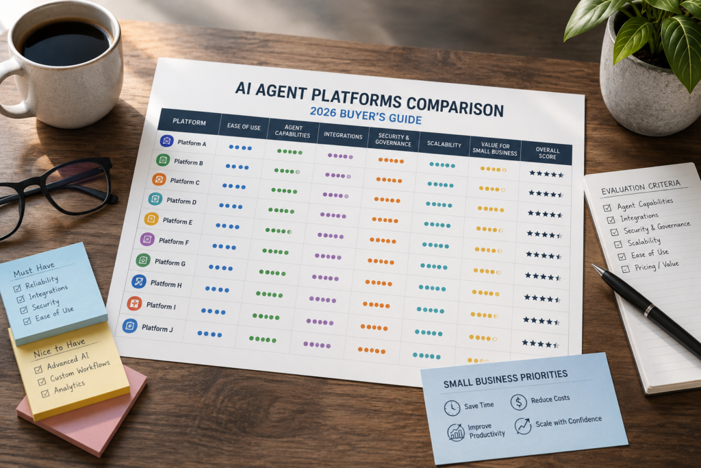 Small business team comparing AI agent platforms using a workflow checklist and decision cards