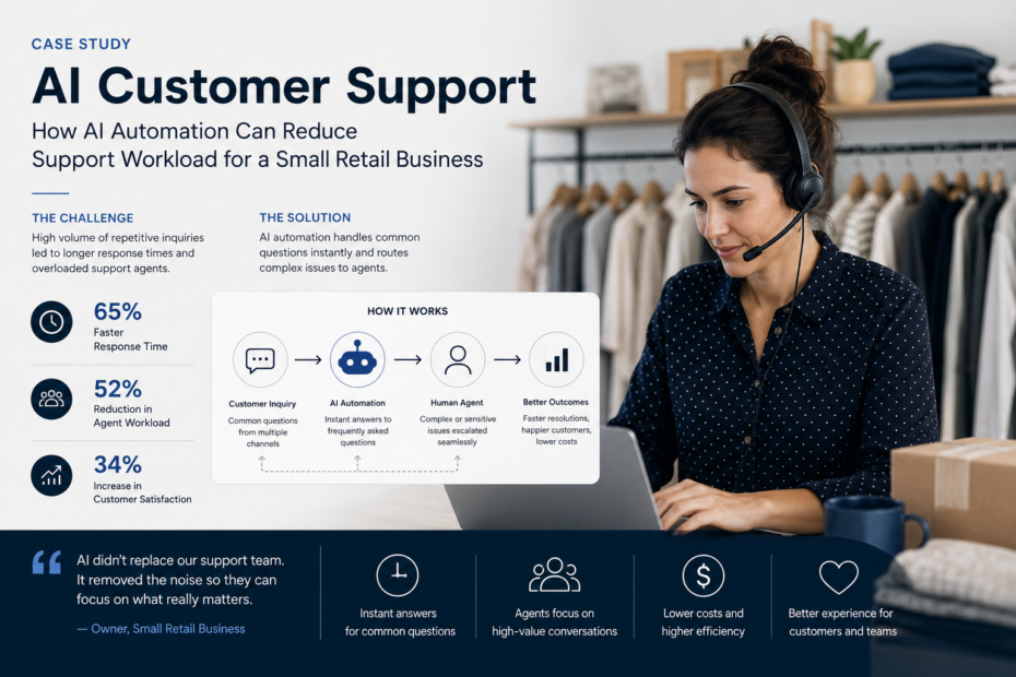 Small retail support agent using AI automation to handle customer inquiries and route complex issues to a human agent.
