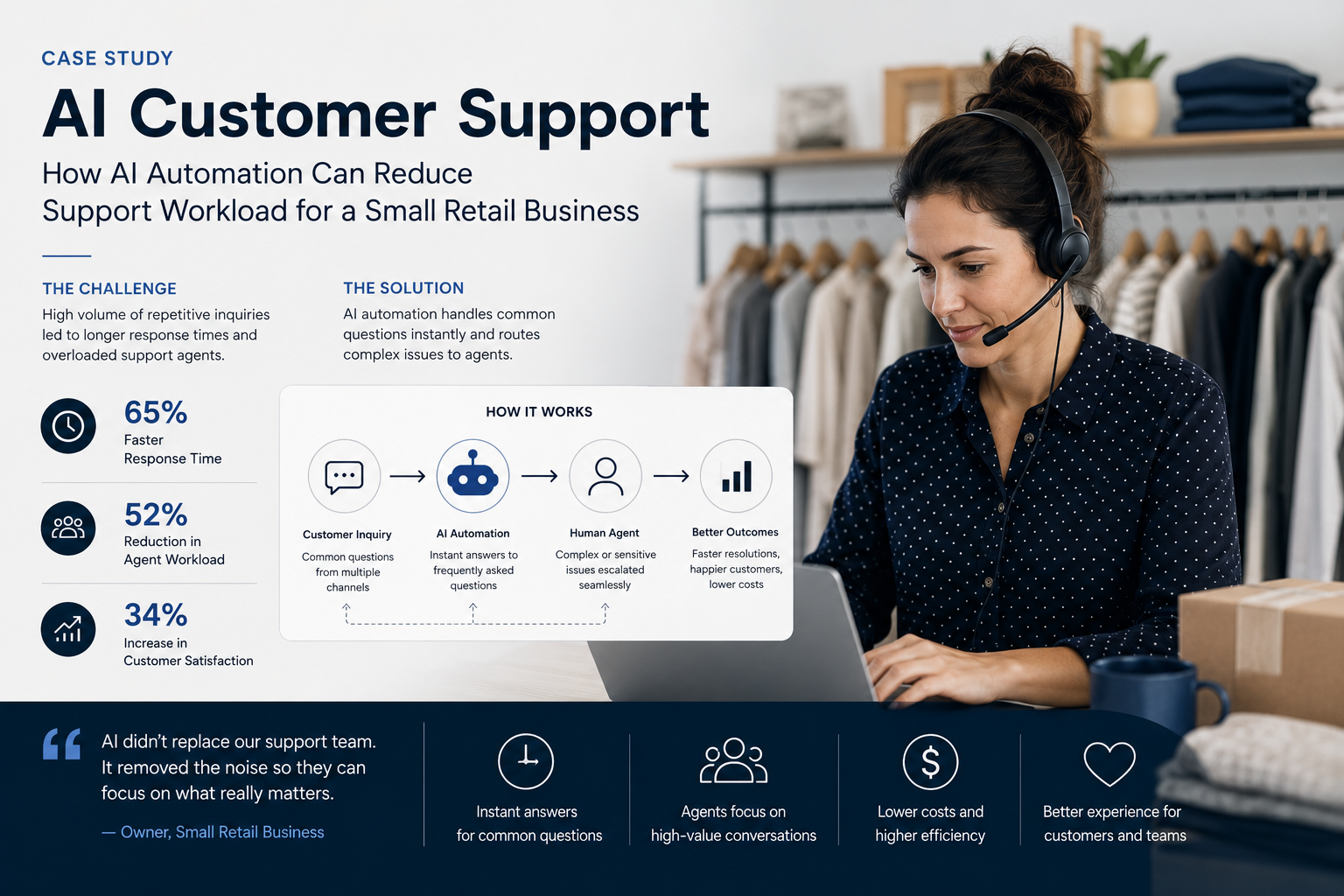 Small retail support agent using AI automation to handle customer inquiries and route complex issues to a human agent.