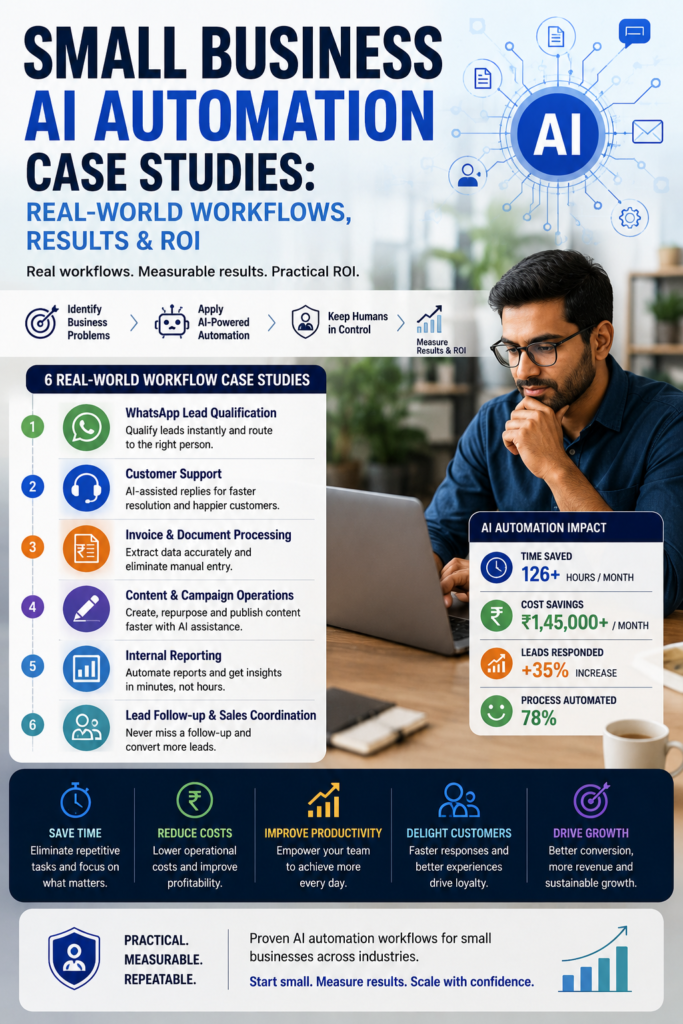 Small business AI automation case studies showing six real-world workflows, including WhatsApp lead qualification, customer support, invoice processing, content operations, internal reporting, and lead follow-up, with measurable business outcomes.