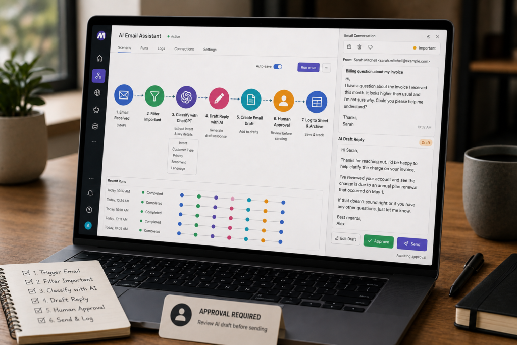 Operations manager reviewing an AI Email Assistant workflow in Make that classifies emails and creates ChatGPT-generated reply drafts for approval.