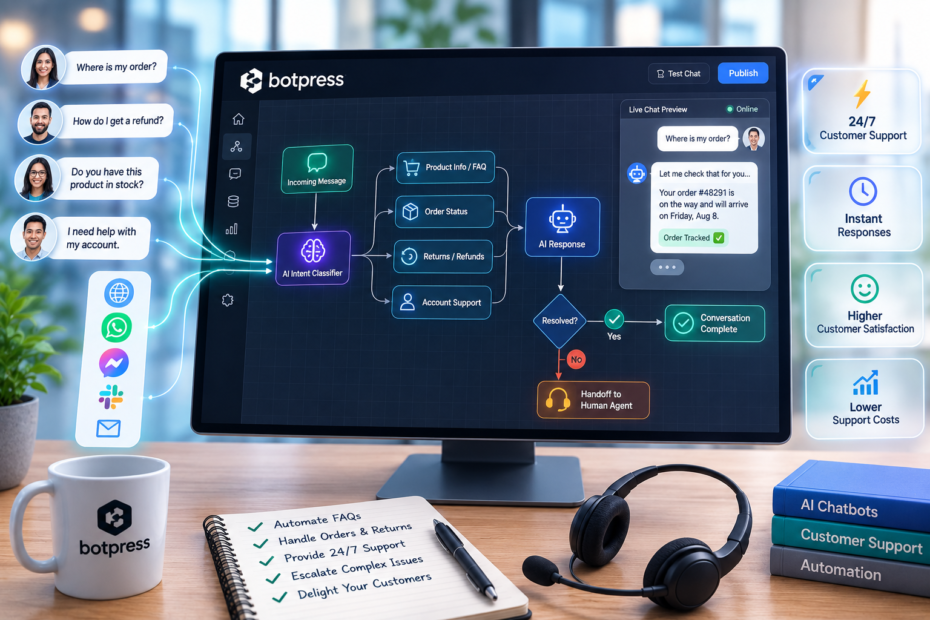Support team designing an AI customer support workflow with Botpress, reviewing knowledge base content and escalation-to-human rules.