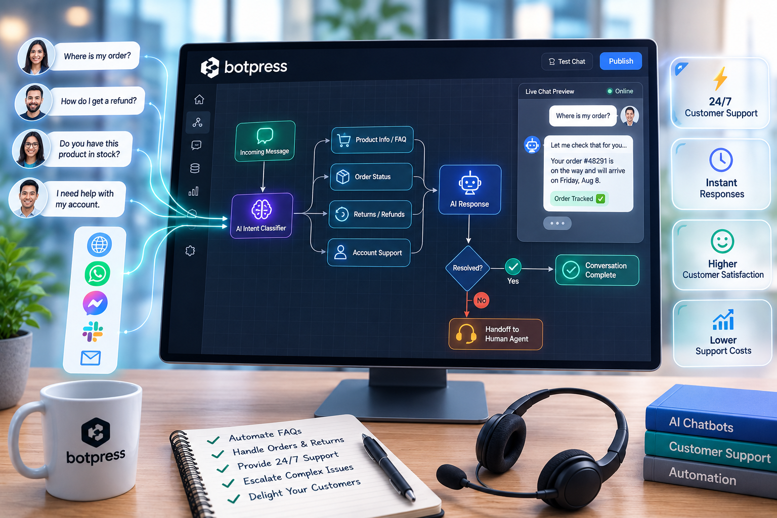 Support team designing a Botpress AI chatbot for customer support, reviewing knowledge base content and escalation-to-human rules.