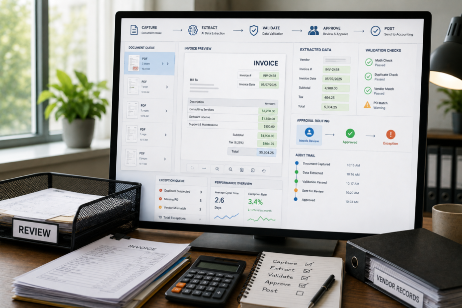 Accounts payable specialist validating AI invoice automation extraction and approval routing on a monitor before posting to accounting software.