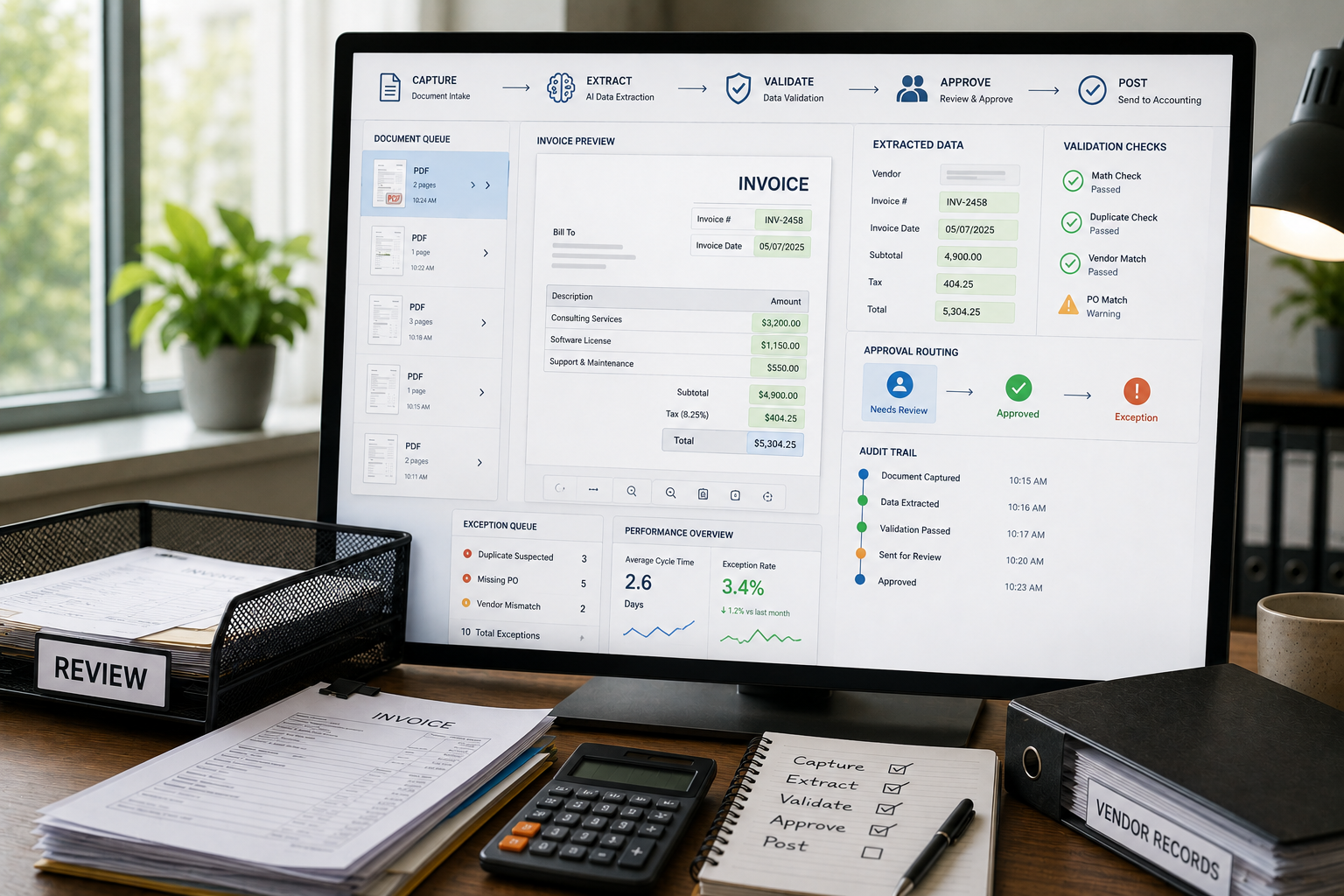 Accounts payable specialist validating **invoice processing automation** and AI invoice extraction and approval routing on a monitor before posting to accounting software.
