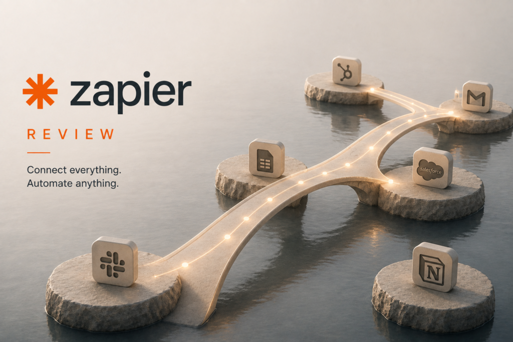 Illustration of Zapier Review featuring elegant glowing bridges connecting isolated app islands, symbolizing seamless automation between business applications such as Slack, Google Sheets, Gmail, HubSpot, Salesforce, and Notion.