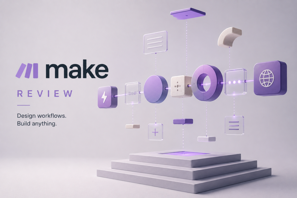 Make Review featured image showing floating geometric workflow components assembling into a modular automation system, representing visual workflow creation and no-code AI automation.