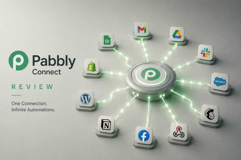 Pabbly Connect Review featured image showing a central automation hub distributing connections to multiple business applications, representing reliable no-code workflow automation and app integration.