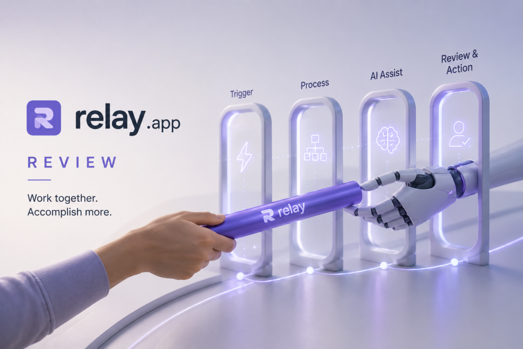 Relay.app Review featured image showing a human hand and robotic hand passing a relay baton through synchronized workflow stages, representing AI-assisted collaboration and workflow automation.