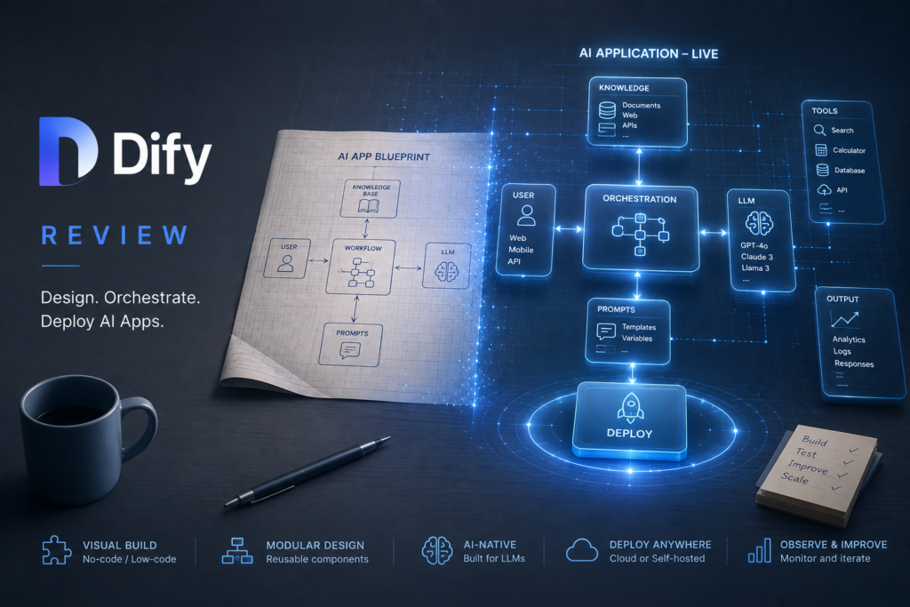 Dify Review featured image showing an AI application blueprint transforming into a live AI architecture with orchestration, knowledge, LLMs, prompts, and deployment, representing AI application development.