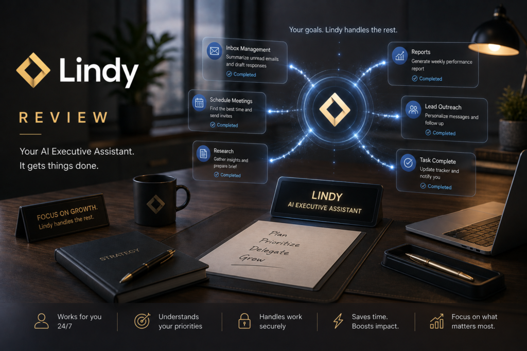 Lindy Review featured image showing an AI executive assistant managing inbox, scheduling, research, reports, outreach, and tasks from a modern executive workspace, representing AI-powered personal productivity.