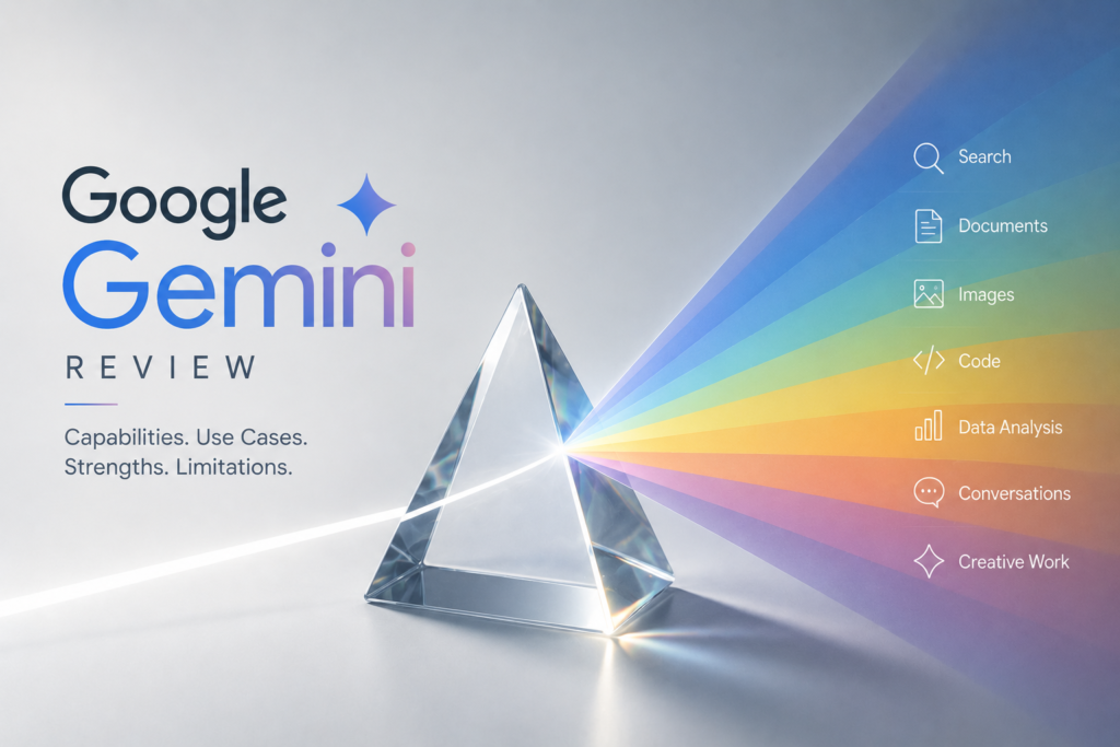 Google Gemini Review featured image showing a prism splitting light into AI capabilities including search, documents, coding, data analysis, conversations, and creative work.