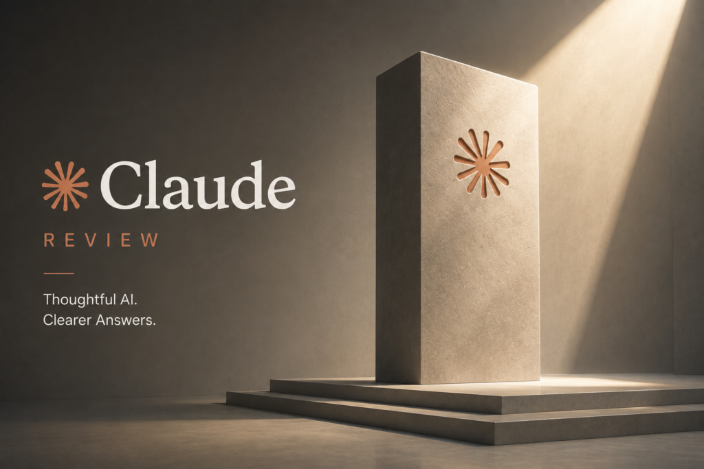 Claude Review featured image showing a minimalist stone monolith illuminated by a focused beam of light, symbolizing AI reasoning, thoughtful analysis, and reliable decision-making.