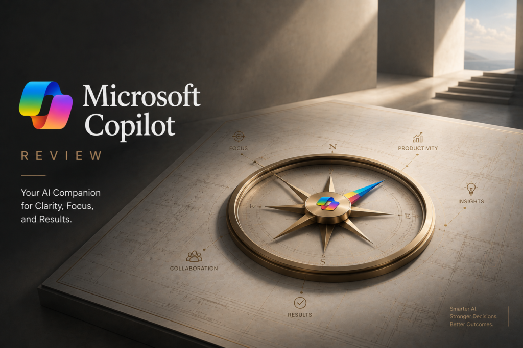 Microsoft Copilot Review featured image showing a premium compass with the Microsoft Copilot logo at its center, symbolizing AI-guided productivity, focus, collaboration, insights, and better business decision-making.