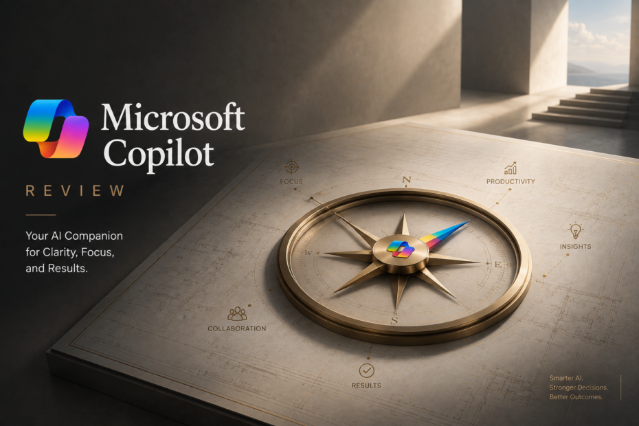 Microsoft Copilot for Business Review featured image showing a premium compass with the Microsoft Copilot logo at its center, symbolizing AI-guided productivity, focus, collaboration, insights, and better business decision-making.