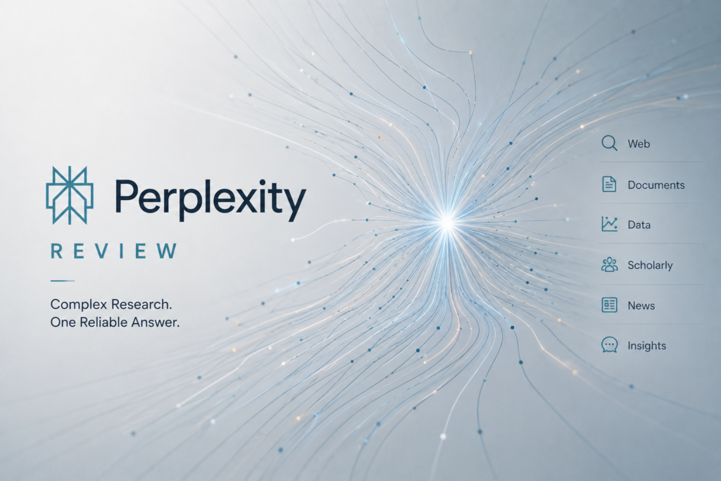 Perplexity Review featured image showing hundreds of illuminated research paths converging into a single point, symbolizing AI-powered search, knowledge synthesis, and reliable answers.
