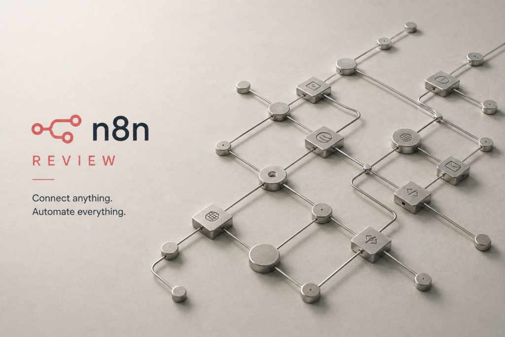 n8n Review featured image showing a modular network of interconnected workflow nodes, symbolizing flexible automation, AI workflows, and business process integration.