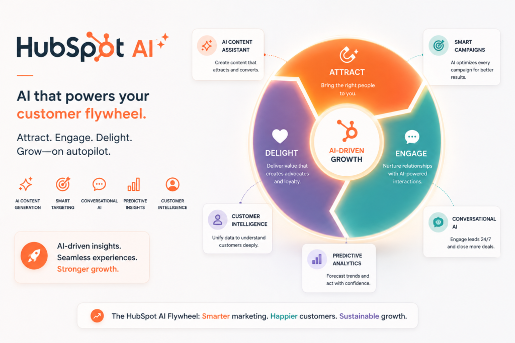 HubSpot AI review illustration showing an AI-powered customer flywheel with the stages Attract, Engage, and Delight, surrounded by features such as AI content generation, conversational AI, predictive analytics, customer intelligence, and smart campaigns for marketing automation and business growth.
