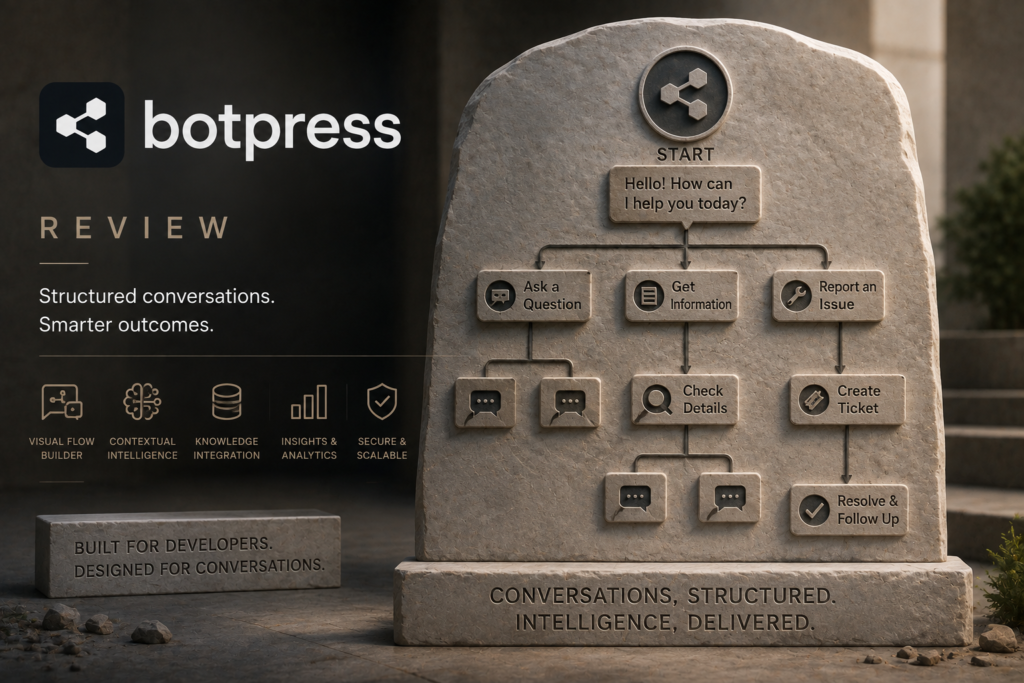 Botpress review cover featuring a stone-carved conversational workflow diagram with chatbot decision paths and platform capabilities