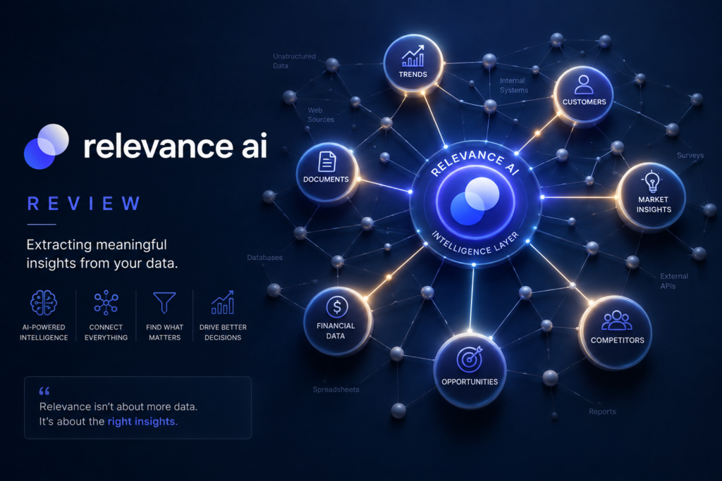 Relevance AI review featuring a connected intelligence hub linking documents, customer data, market insights, financial data, trends, and business opportunities.