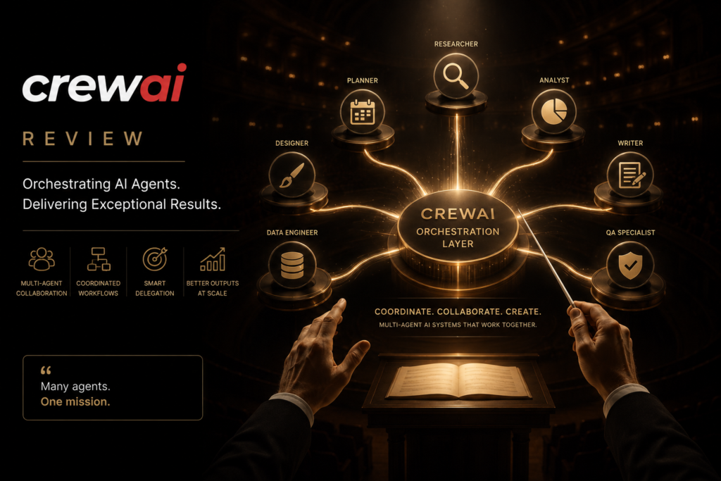 CrewAI review featuring an AI agent orchestration hub coordinating planner, researcher, analyst, writer, designer, data engineer, and QA specialist agents.