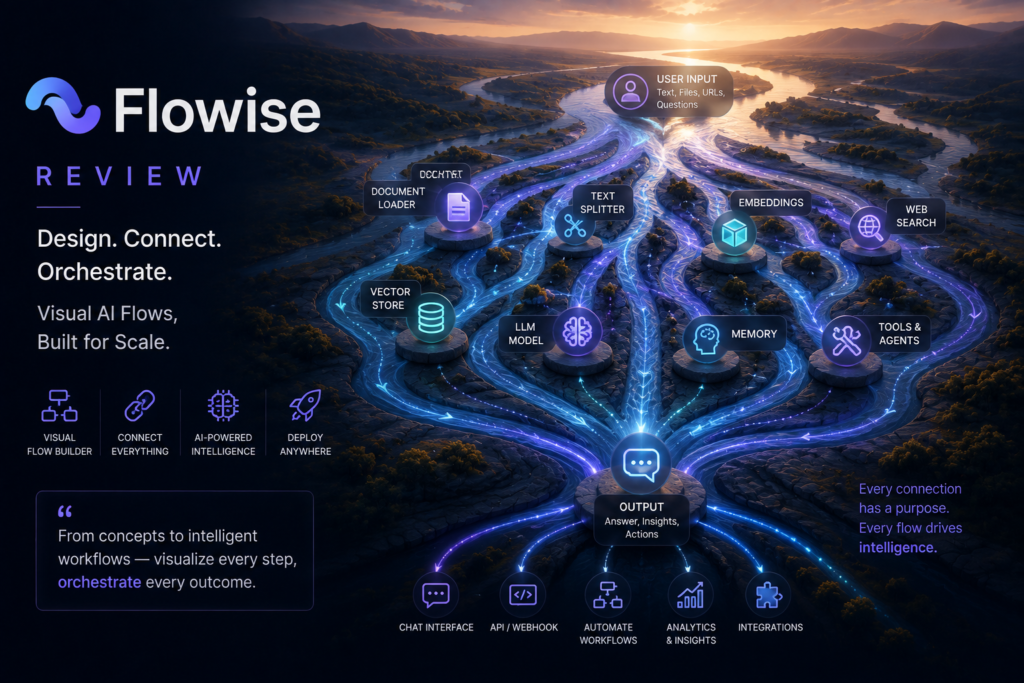Flowise review featuring a visual AI workflow connecting user input, document processing, embeddings, LLMs, memory, vector store, tools, and automated outputs.