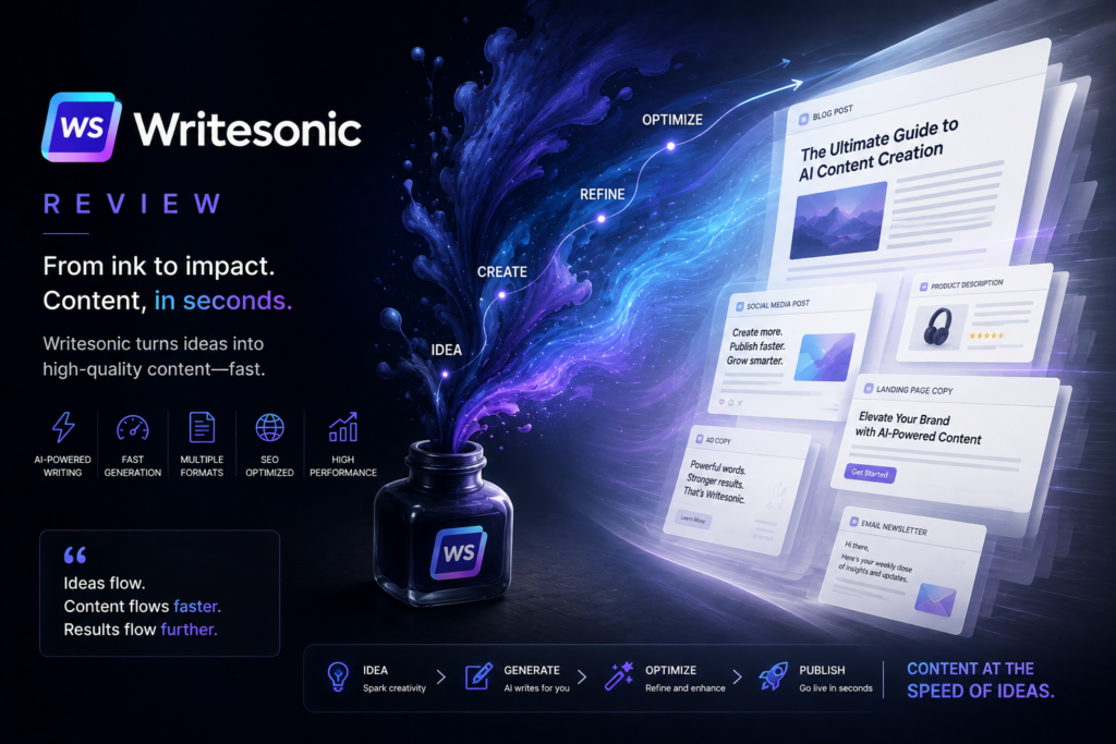 Writesonic review showing AI content creation from idea generation to optimized blog posts, social media content, landing pages, product descriptions, and email campaigns.