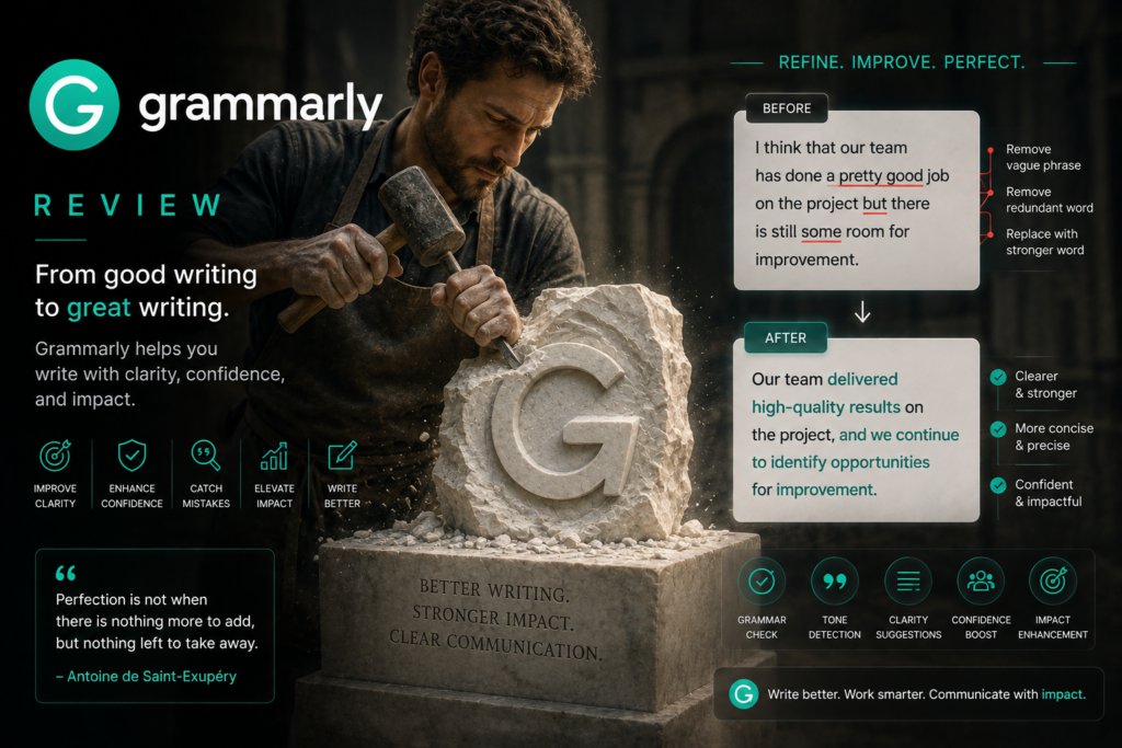 Grammarly review featuring a sculptor refining a stone block into the Grammarly logo, symbolizing AI-powered writing improvement with before-and-after editing examples for clearer, more impactful communication.
