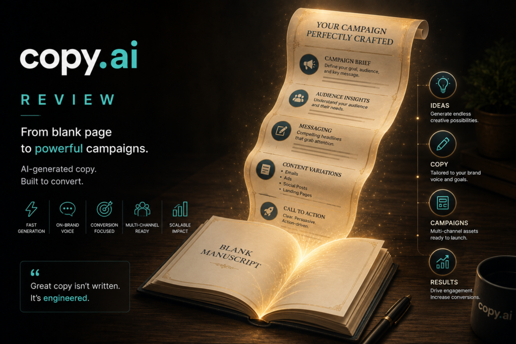Copy.ai review illustrating AI-powered copywriting that transforms a blank page into a complete marketing campaign with audience insights, messaging, content variations, and calls to action.