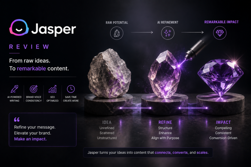 Jasper AI review illustrating the transformation of raw ideas into polished content through AI refinement, symbolized by a gemstone evolving from rough stone to a finished diamond.