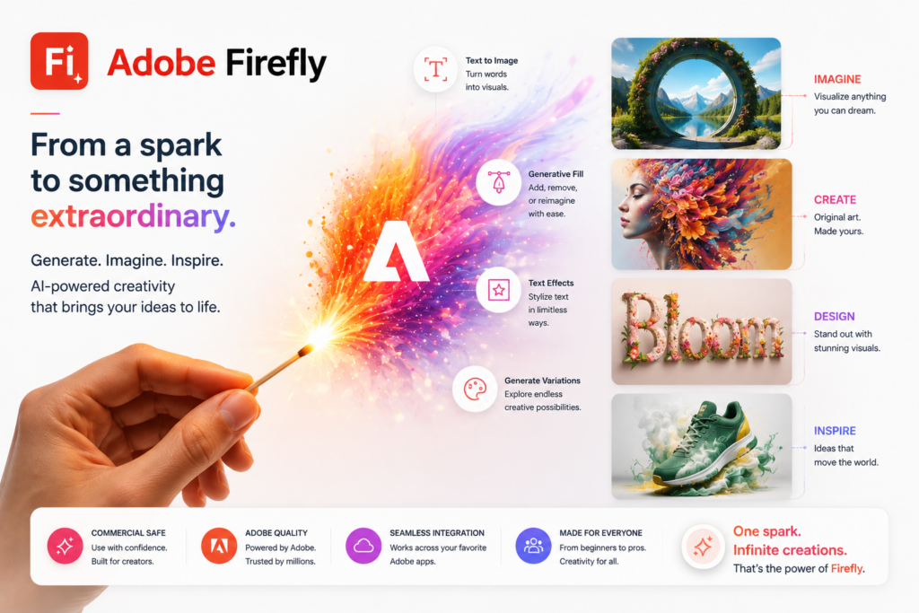 Adobe Firefly AI showcasing text-to-image generation, generative fill, text effects, and AI-powered creative design tools