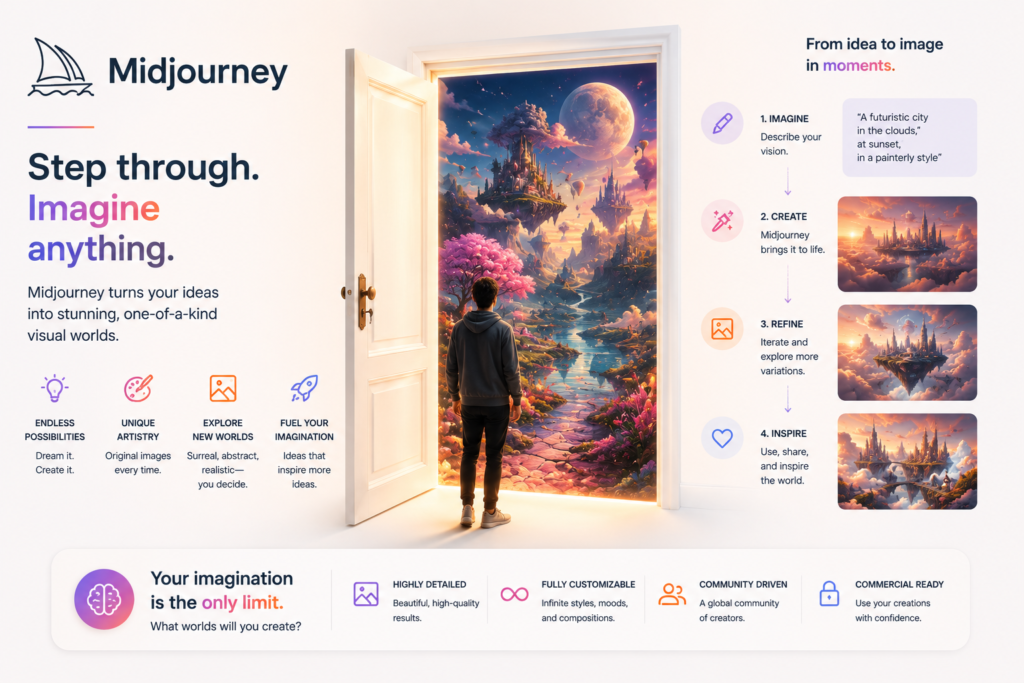 Midjourney promotional illustration showing AI image generation from text prompts, featuring an open doorway into a fantasy world, a four-step creative workflow, and examples of AI-generated artwork.