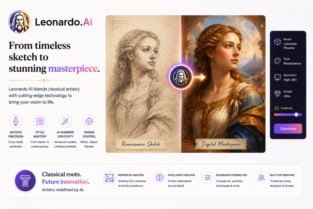 Leonardo AI interface showcasing AI image generation by transforming a Renaissance-style sketch into a high-quality digital masterpiece, highlighting creative controls, artistic styles, and professional image generation features.