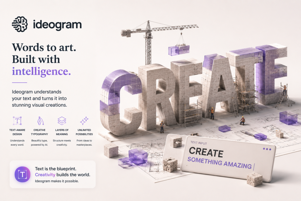 Ideogram AI showcasing text-to-image generation with advanced typography, turning written prompts into creative visual designs and artwork