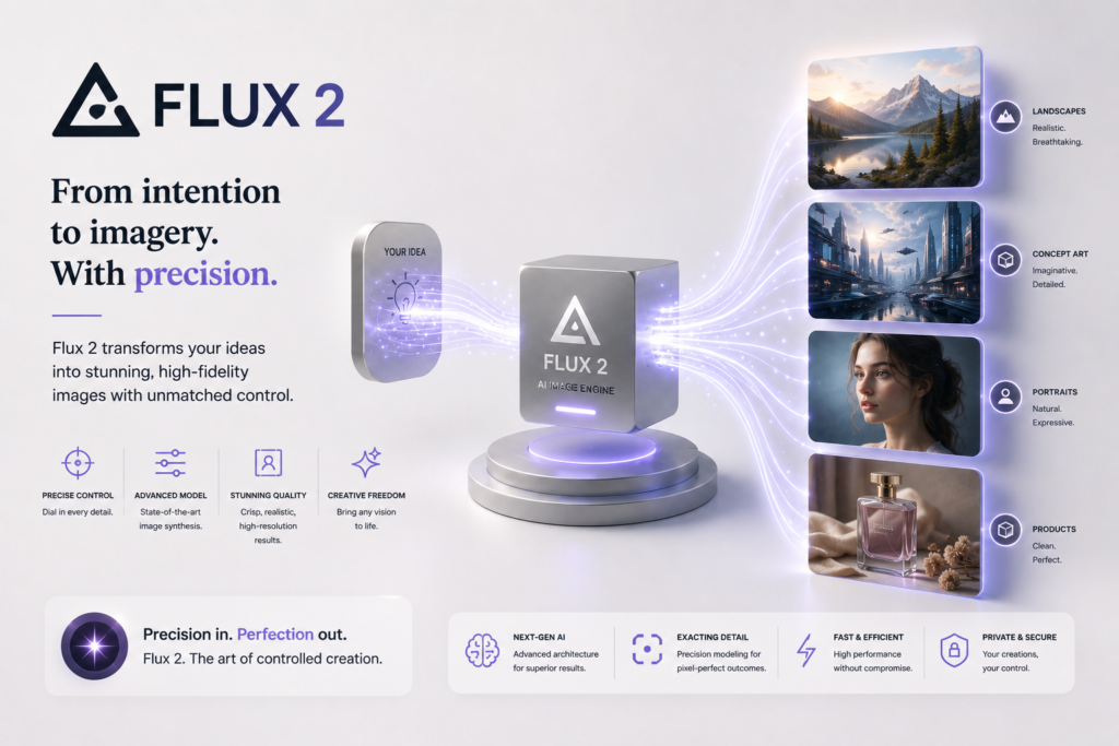 FLUX 2 AI image generation platform interface illustrating how text prompts are transformed into high-fidelity AI-generated images, including landscapes, concept art, portraits, and product photography.