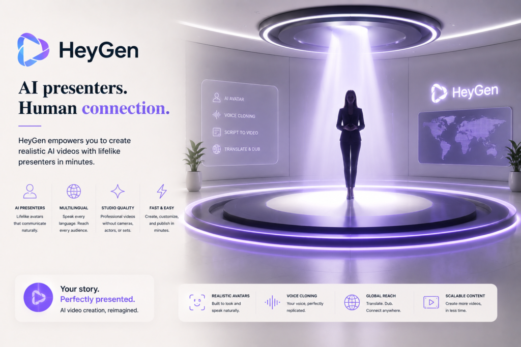 HeyGen AI interface showcasing AI avatars, voice cloning, script-to-video generation, multilingual translation, and AI-powered video creation for businesses.